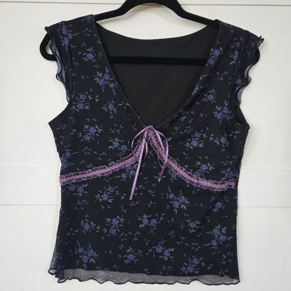 Romwe Women's Black Babydoll Top Coquette Y2K Micro‎ Floral Lace Fairy Goth Bow
